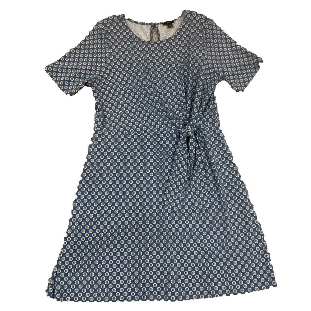 Ann Taylor Factory Dress Womens Large Petite Blue Dot Tie Front Office Basic